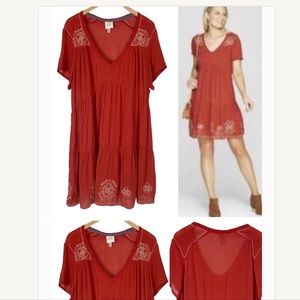 KNOX ROSE XXL Boho Embroidered Peasant Dress Orange Rust Tiered